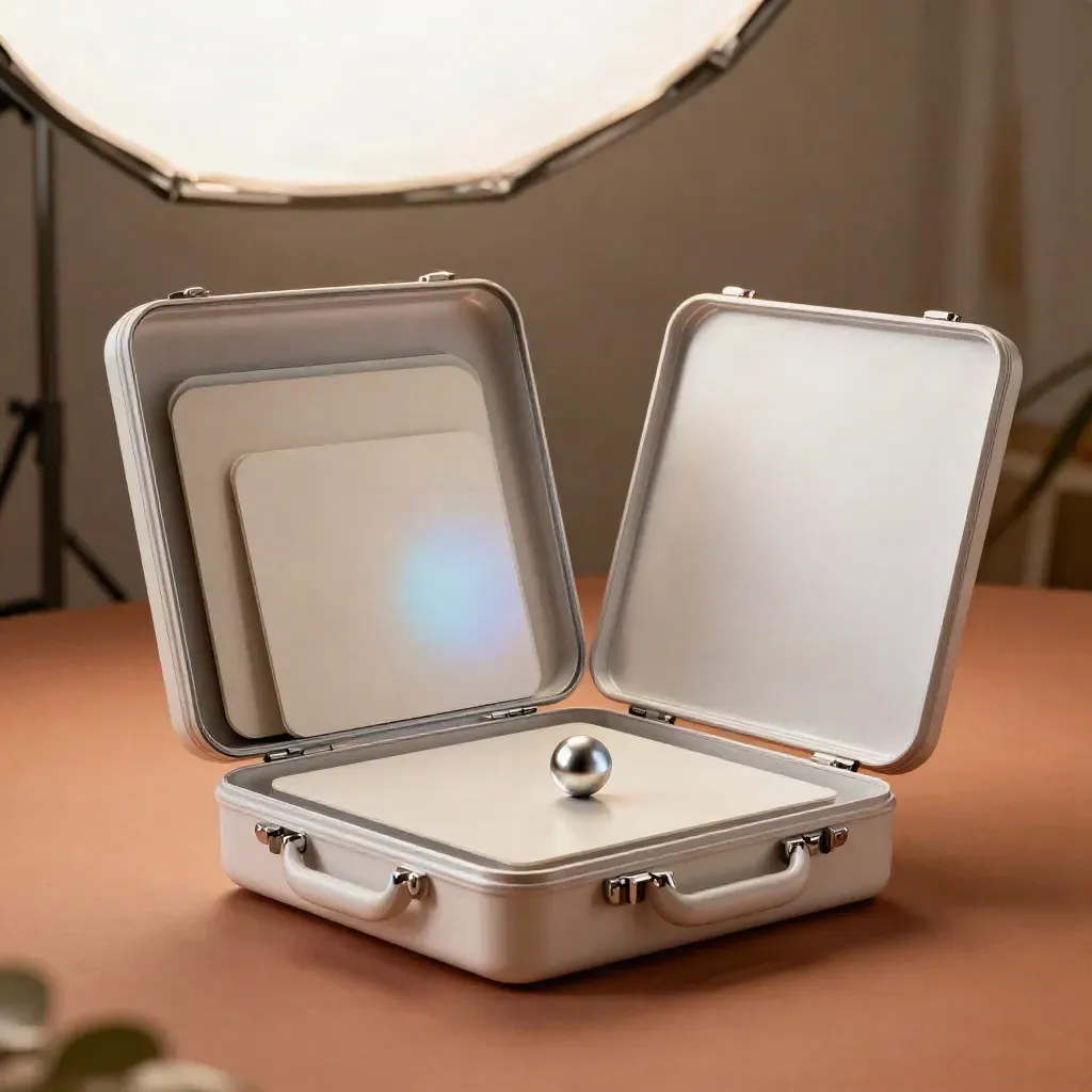 Satin-white relight kit, reflector cards, frosted screen and metal sphere on terracotta plaster.