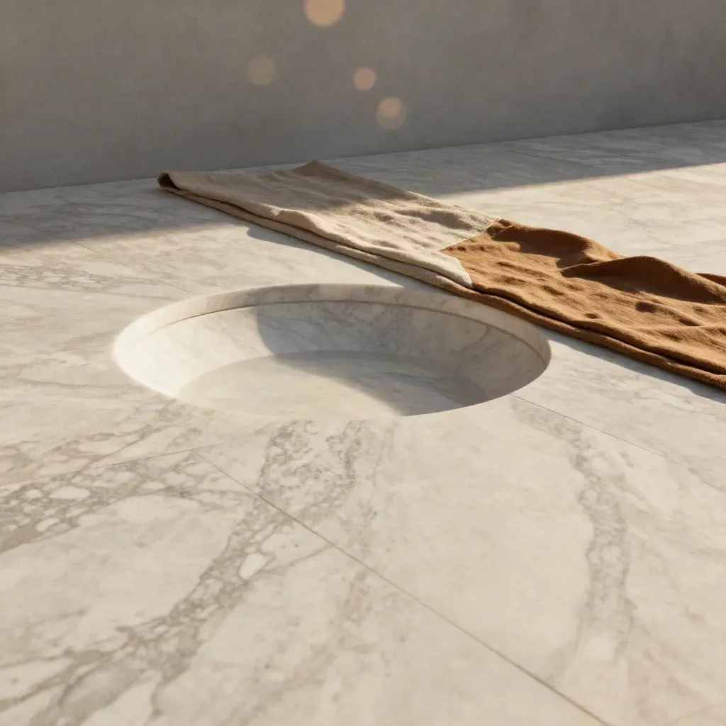 Sunlit marble terrace with linen runner and soft wall shadow, calm copy space below