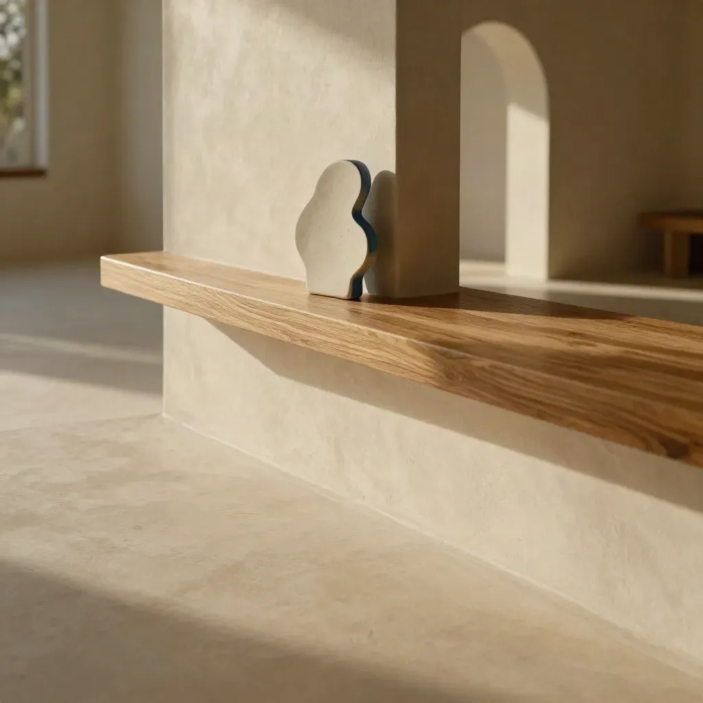 Warm plaster interior corner with oak ledge, ceramic form, and sunlit archways.