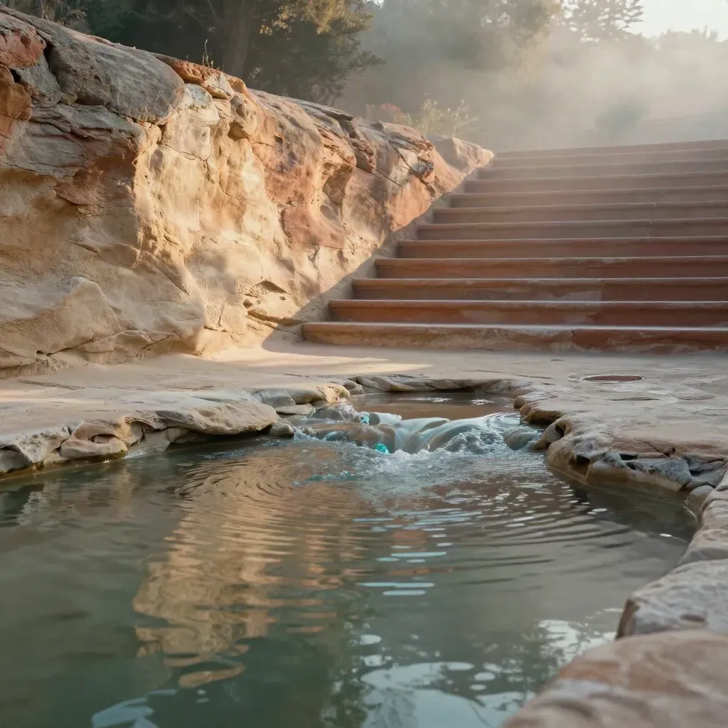 Golden sandstone courtyard with shallow water, terracotta steps and misty foliage at sunrise.