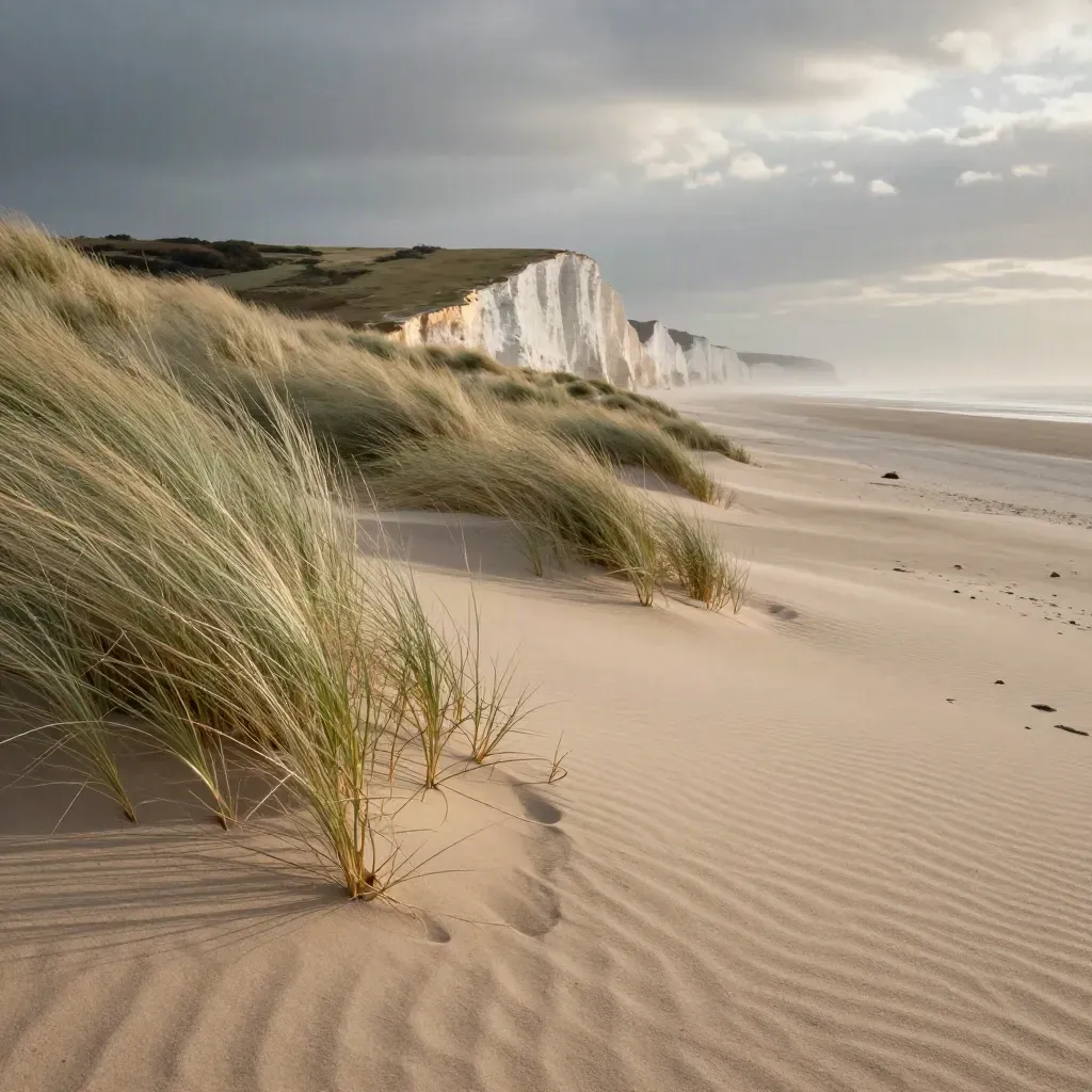 Windy coastal dune with grasses, sand ridges, and distant chalk cliffs under haze.