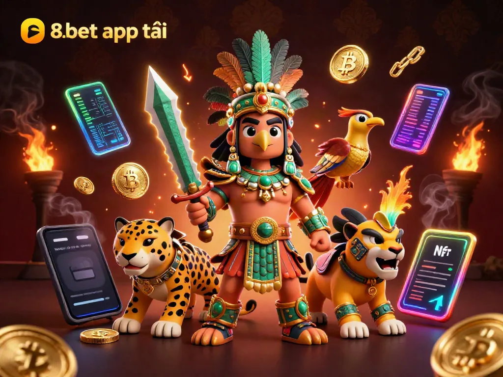 Engage with the vibrant 8xbet app tải promotional illustration showcasing a lively gambling environment, filled with dynamic characters and crypto elements.