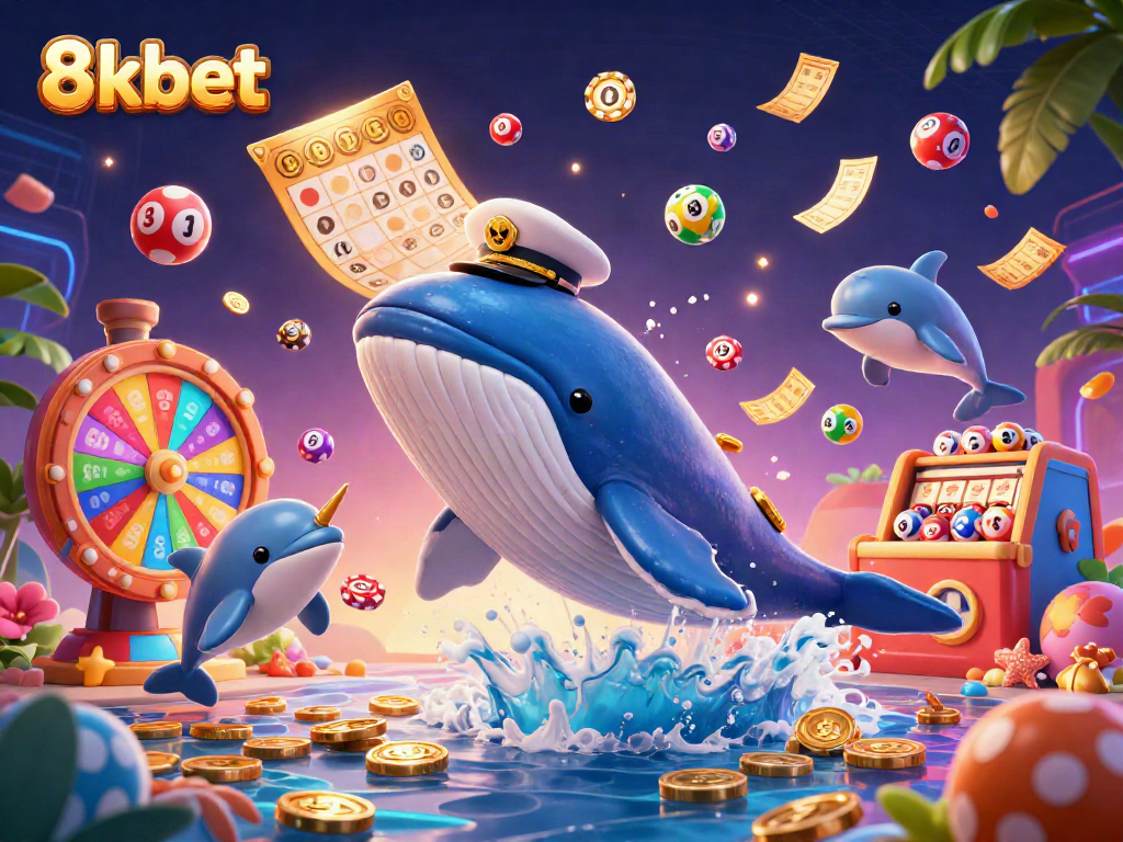 Engage with the excitement of 8kbet as a whale and friends celebrate amidst colorful casino elements.