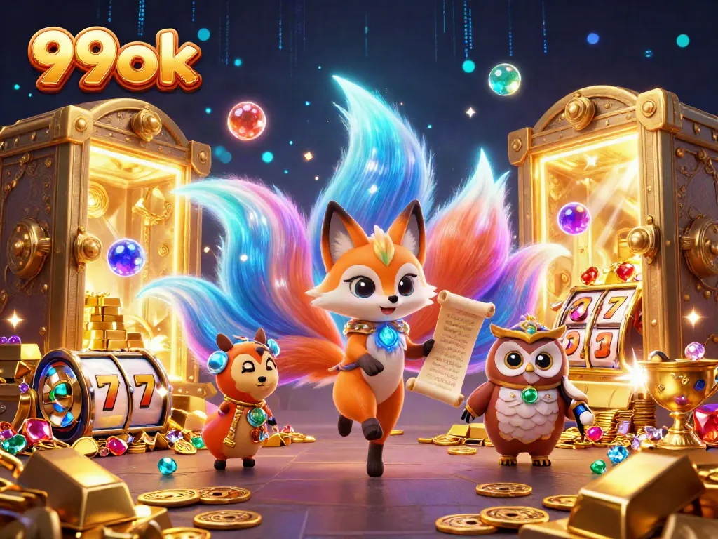 Engage with 99ok's vibrant casino scene featuring a glowing nine-tailed fox, treasures, and joyful colors.