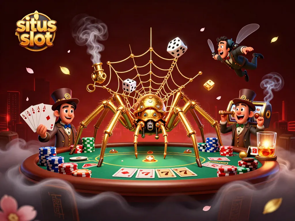 Engaging 3D illustration of situs slot featuring a steampunk spider, poker elements, and dynamic casino atmosphere.