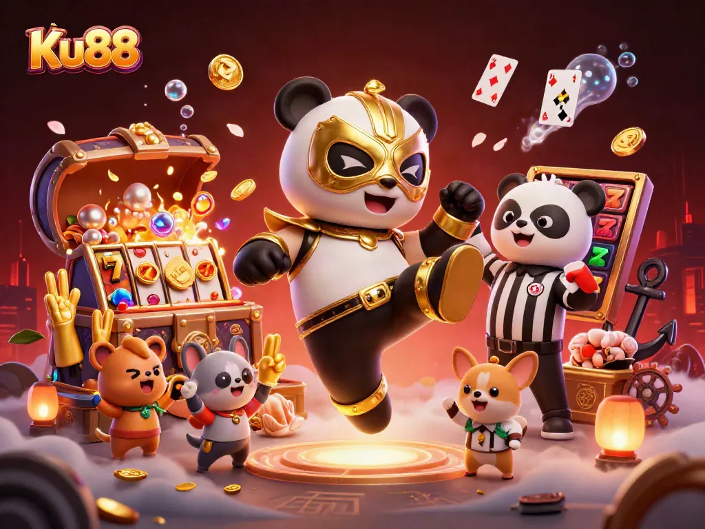 Experience thrilling excitement at Ku88 with vibrant slots and animated characters in an energetic casino scene.