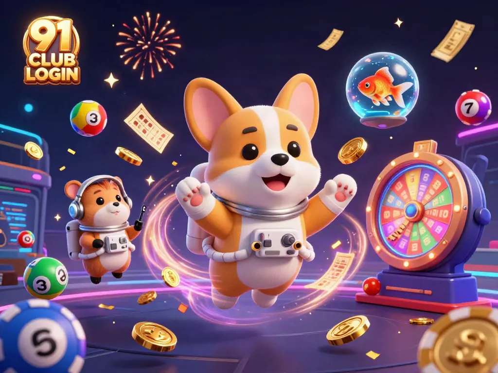 Engage with the 91 CLUB LOGIN experience: a vibrant space casino scene showcasing an astronaut corgi amidst drifting poker chips and golden coins.