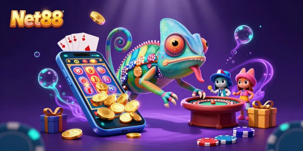 Win big at Net88 with a vibrant chameleon casino owner amid spinning reels and golden coins.