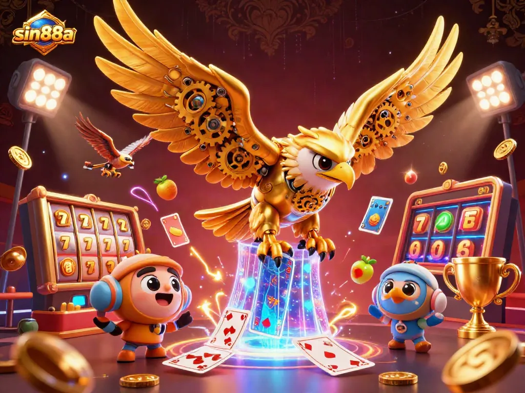 Engage with sin88a while exploring thrilling casino dynamics of slot reels, golden eagles, and vibrant game elements.