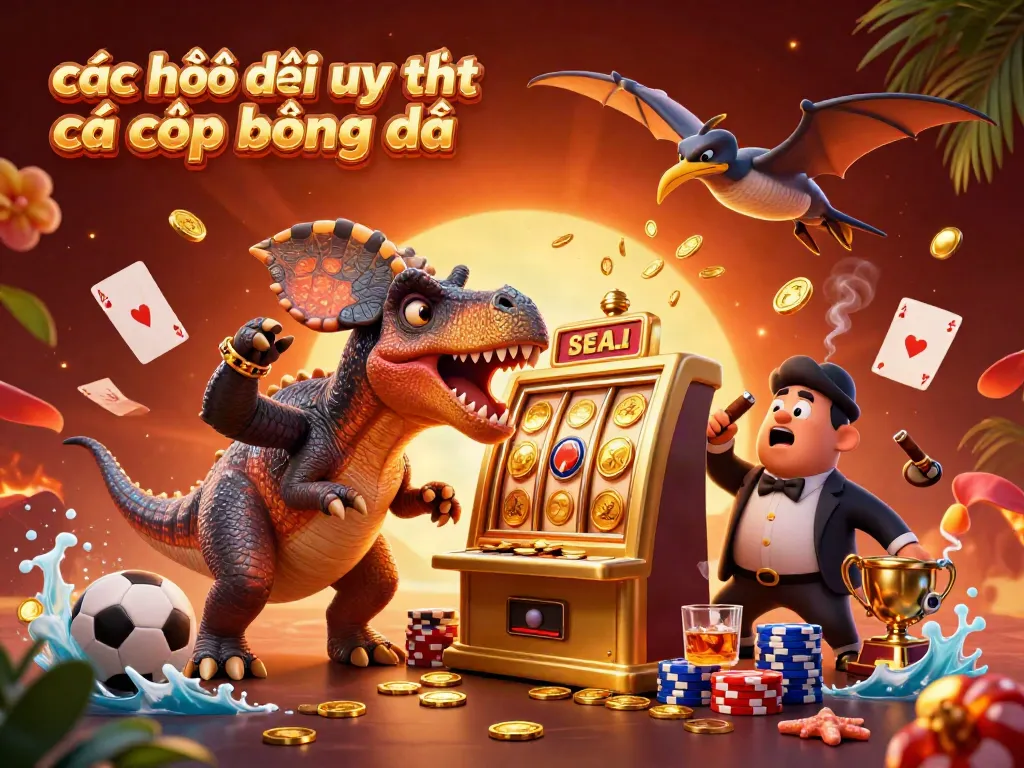 Engaging scene of các nhà cái uy tín cá cược bóng đá with a cartoon dinosaur interacting with a jackpot slot machine.