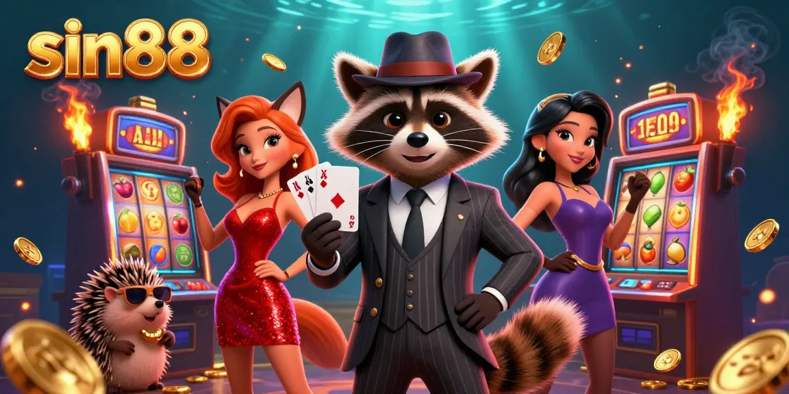 Experience thrilling slots at sin88 with a charming raccoon holding a royal flush amidst dynamic casino elements.