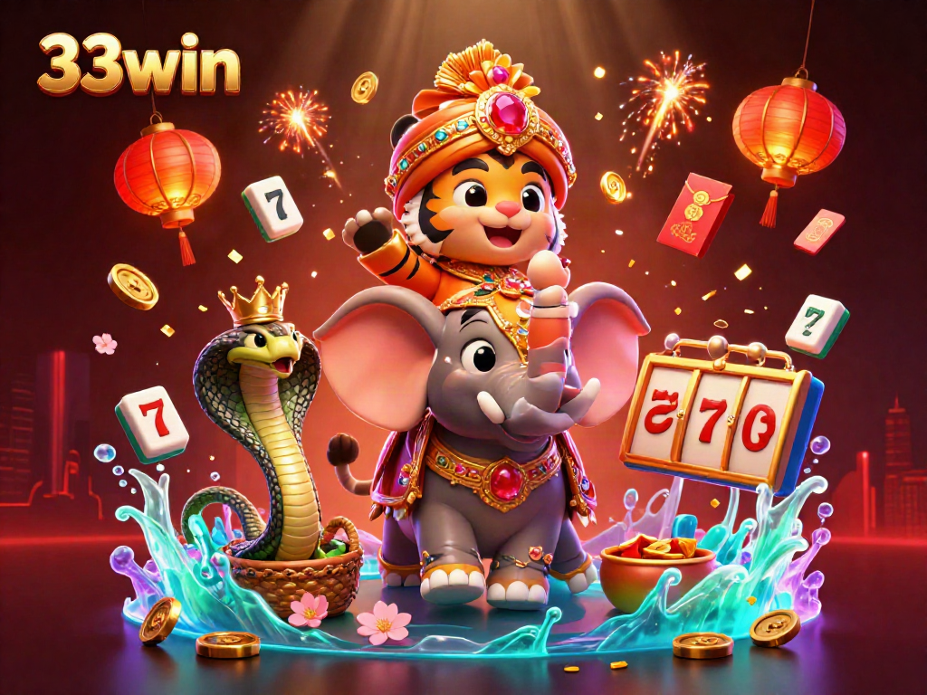 Bet on 33win with a vibrant 3D illustration featuring a maharaja tiger and casino elements.