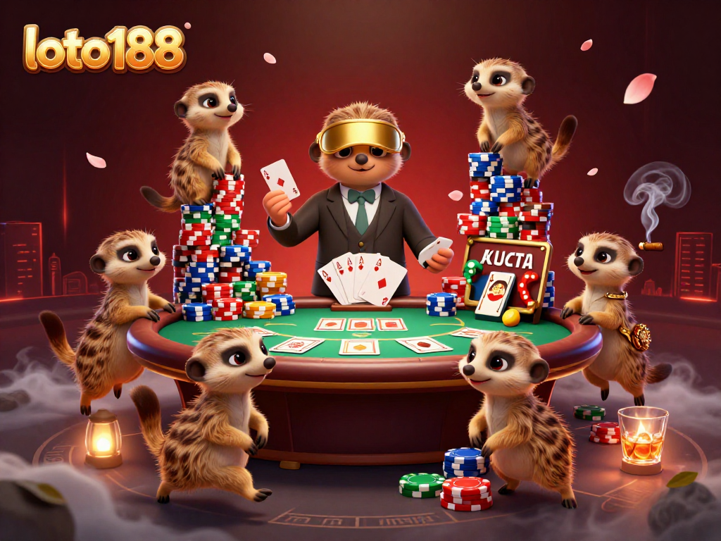 Explore the lively loto188 casino scene with meerkats managing poker games and vibrant elements.