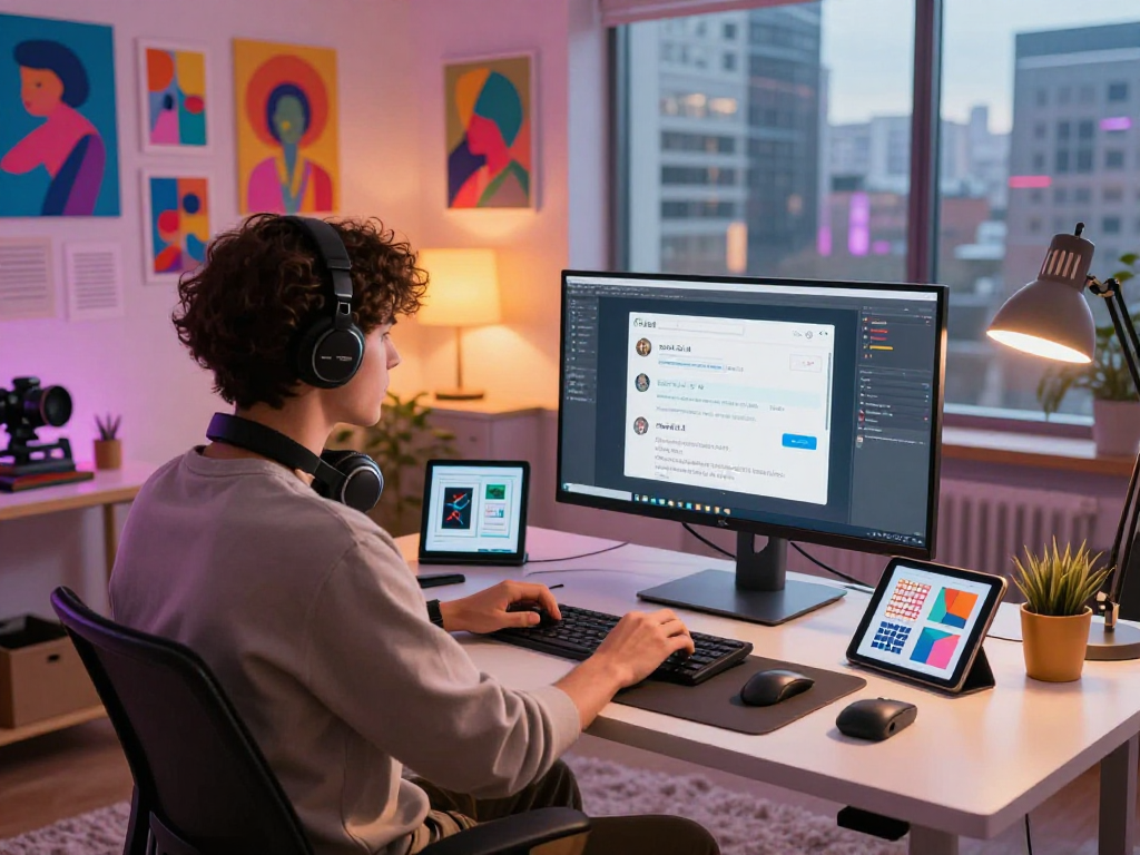 Engaging with nsfw ai chat in a vibrant digital art studio filled with creativity and technology.