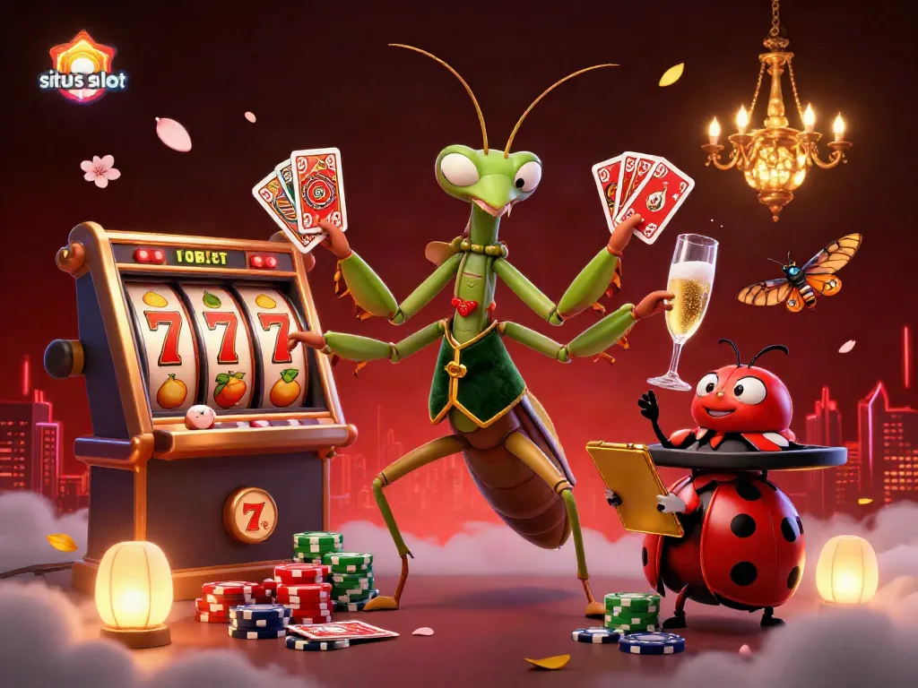 Situs slot featuring a vibrant scene with a giant mantis card sharp and ladybug pit boss amid slot machines and auspicious symbols.