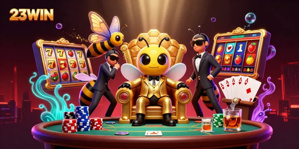Experience thrilling wins at 23WIN casino with vibrant slots and engaging games in this 3D illustration.