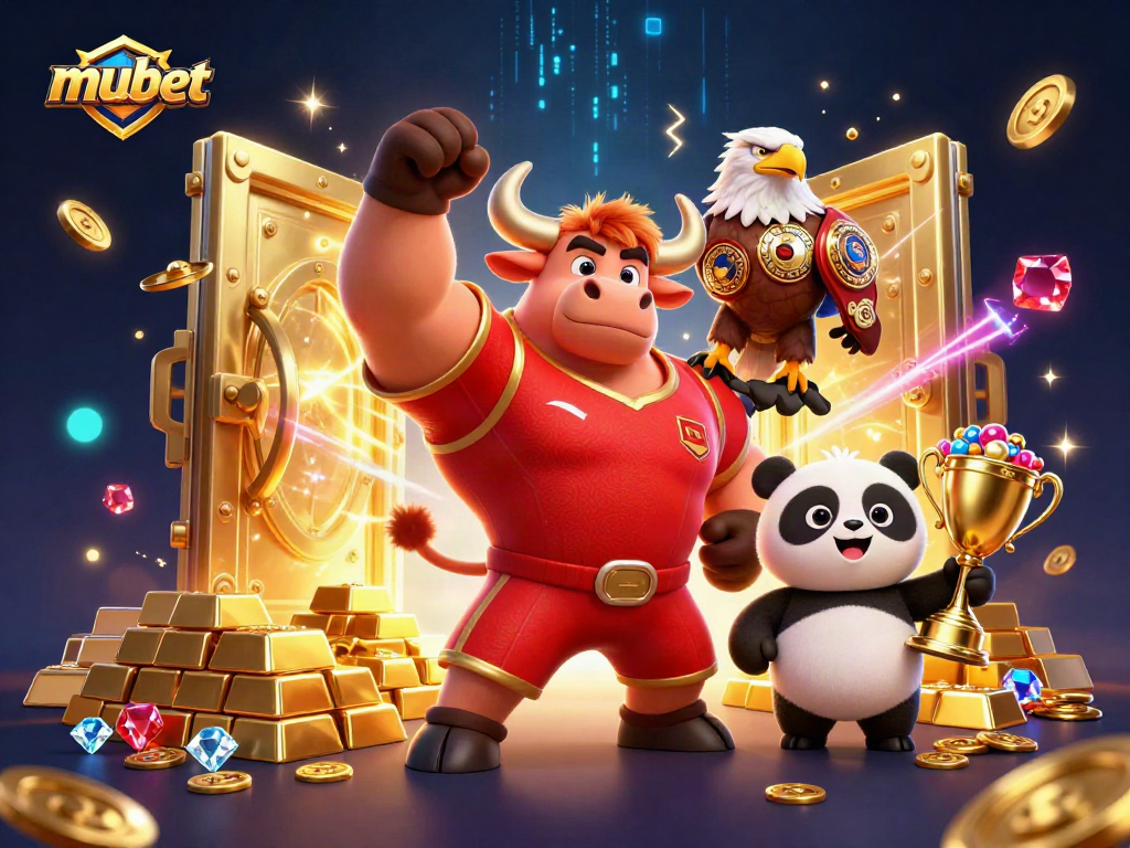 Mubet showcases a triumphant bull mascot, eagle, and panda celebrating casino wins amidst a treasure-filled backdrop.