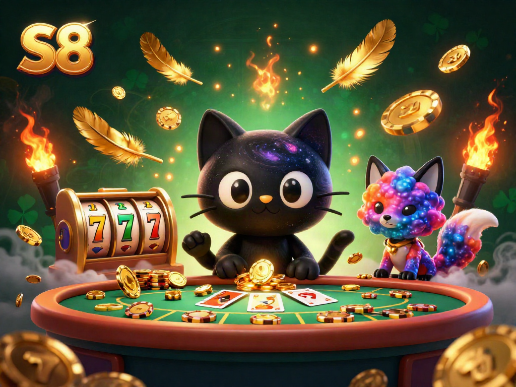 S8 spins toward jackpot wins with a captivating cosmic cat and vibrant fox in a casino setting