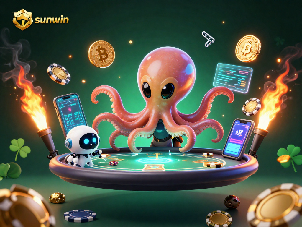 Experience thrilling gameplay at sunwin with an alien octopus and robot in an immersive casino scene.