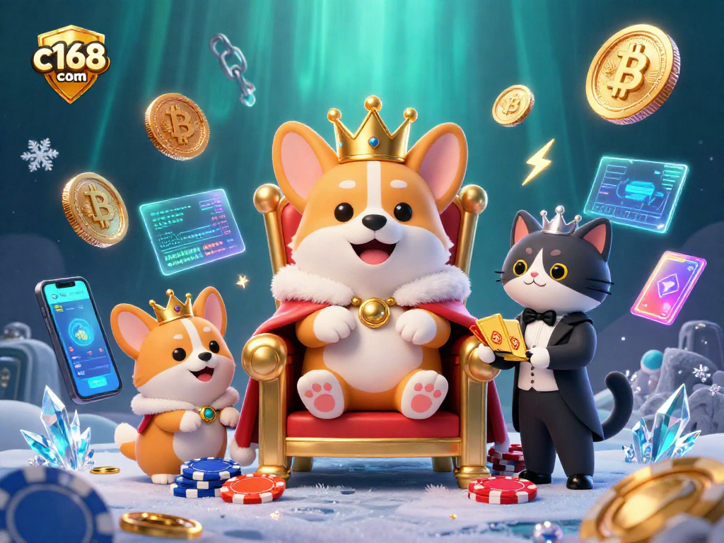 Win big at c168 com with a vibrant scene featuring lively corgi royalty in a gaming palace.
