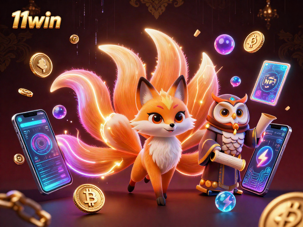 Engage with 11win's vibrant 3D neon scene showcasing a nine-tailed fox and crypto elements.