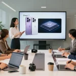 Collaboration around the iPhone 17 features in a modern office meeting room
