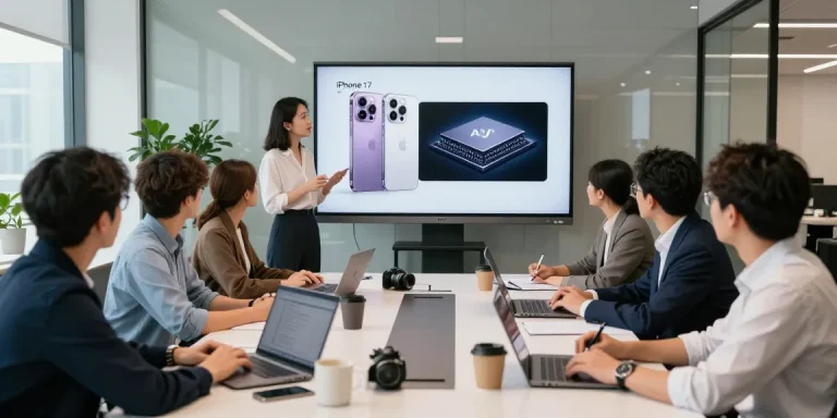 Collaboration around the iPhone 17 features in a modern office meeting room