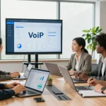 Team collaborating over small business phone service solutions in a modern office.