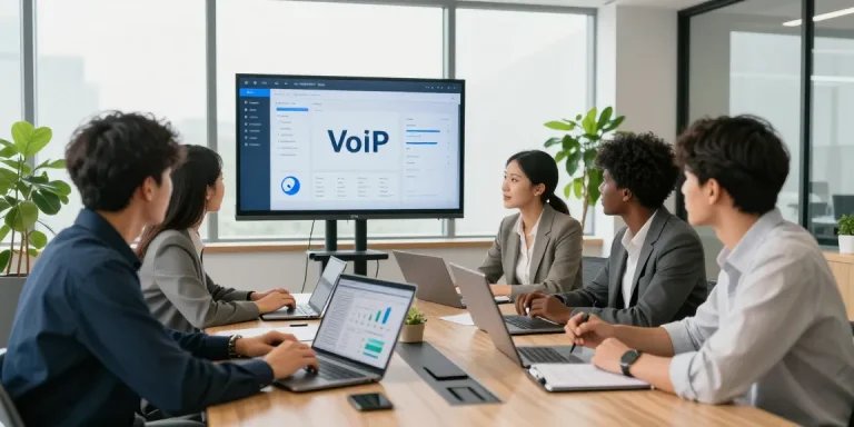Team collaborating over small business phone service solutions in a modern office.
