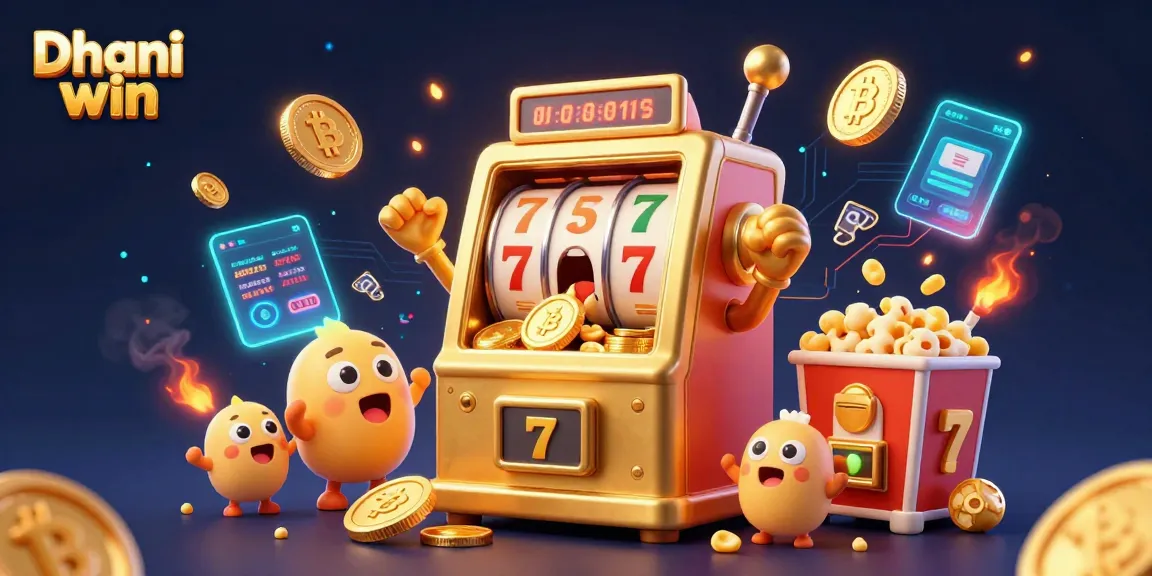 Dhani win slot machine hits jackpot, celebrating with cheering companions and digital currency elements.