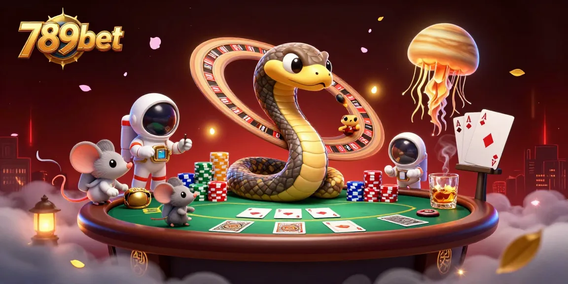 Engage in the thrilling world of 789bet with astronaut mice and a cosmic dealer at a roulette wheel.