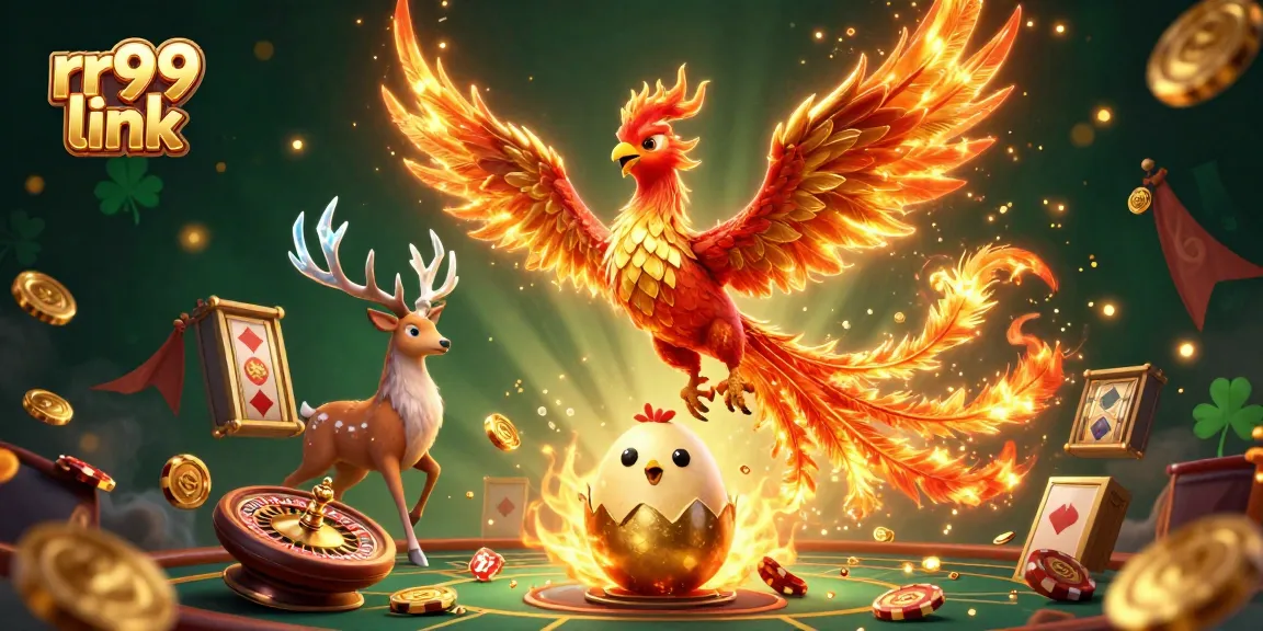 Experience thrilling gaming action with rr99 link as a fire phoenix soars amidst slot reels and poker chips.