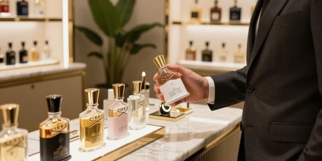 Stylish individual sampling Creed Aventus in a luxurious boutique surrounded by elegant fragrance bottles.
