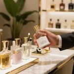 Stylish individual sampling Creed Aventus in a luxurious boutique surrounded by elegant fragrance bottles.