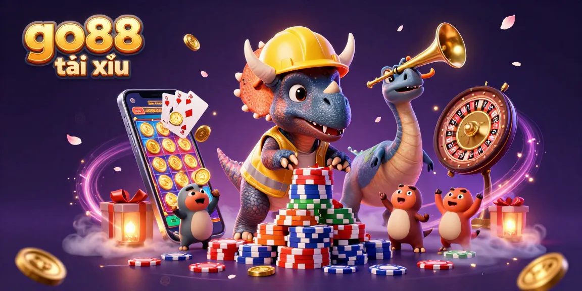 Engage in go88 tài xỉu action with triceratops building poker chip pyramids amid festive gaming elements.