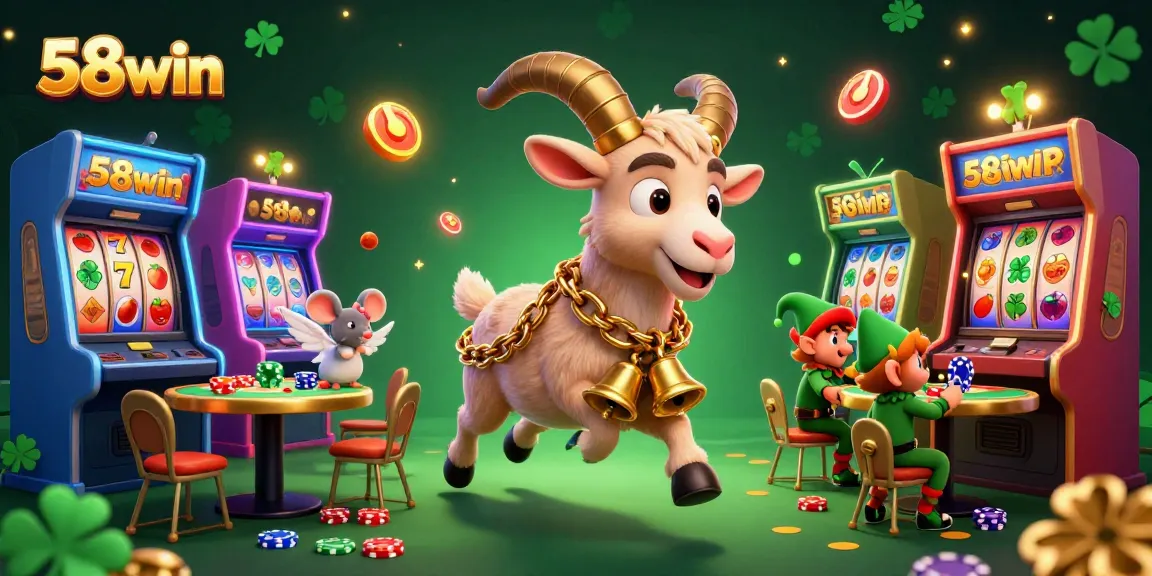 Enjoy the excitement of 58win with a festive casino illustration showcasing playful characters in a colorful setting.