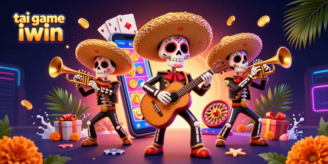 Play colorful slot games with tai game iwin under vibrant mariachis in a festive scene.