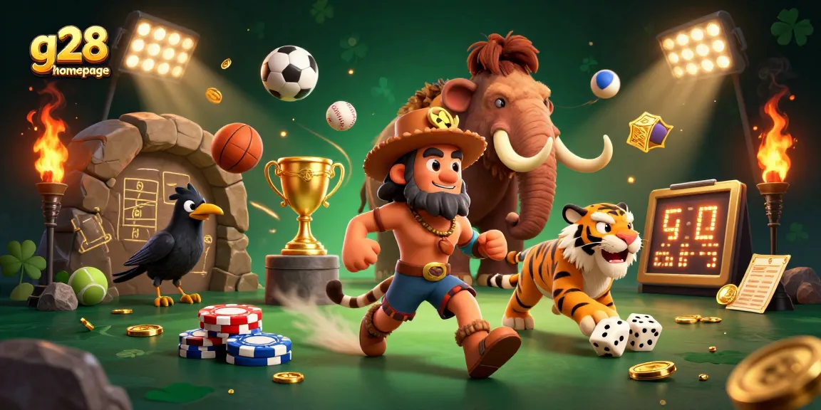 Experience the excitement of the g28 homepage with our lively prehistoric casino scene featuring dynamic sports elements and vibrant characters.