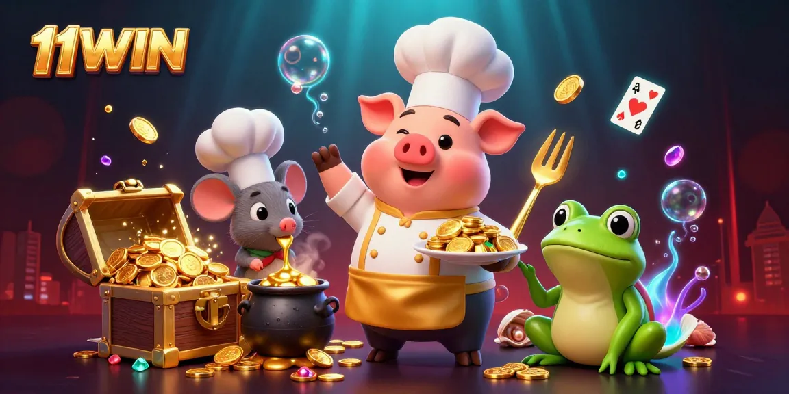 11WIN showcases an energetic scene of a chef pig serving gold coins with lively sea-themed casino elements.