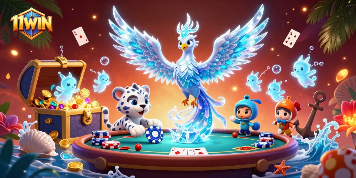 Engage with exciting poker action at 11WIN featuring vibrant characters and dynamic casino elements.