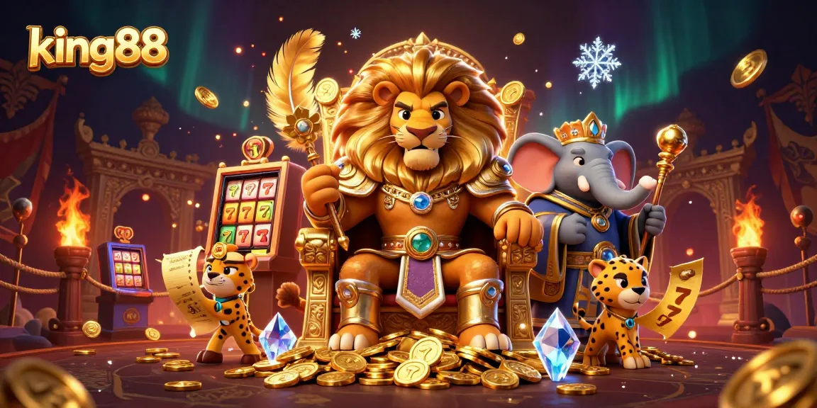 Experience the royal adventure in king88 with a fierce lion king on a throne surrounded by vibrant casino elements.