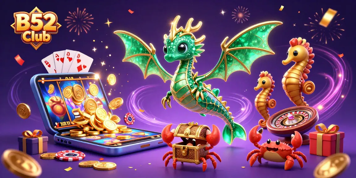 Experience the thrilling B52 Club gaming adventure with vibrant slot games and a dynamic treasure scene.