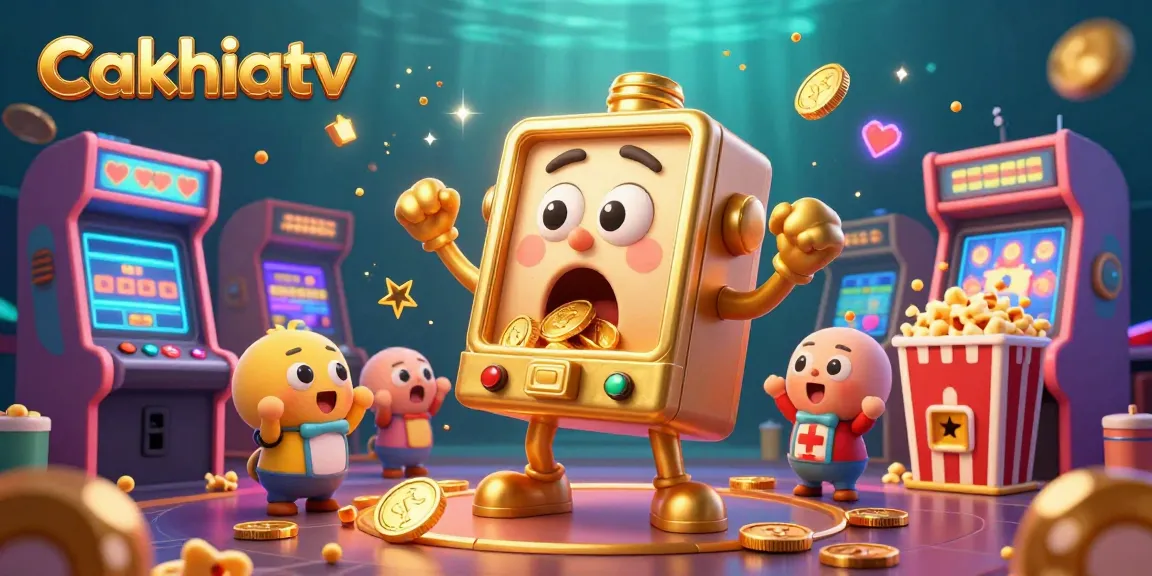 Cakhiatv brings excitement with a golden slot machine hitting the jackpot and coins pouring out.