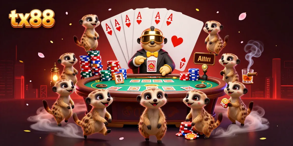 tx88 meerkats manage a vibrant casino scene with poker tables and colorful chips
