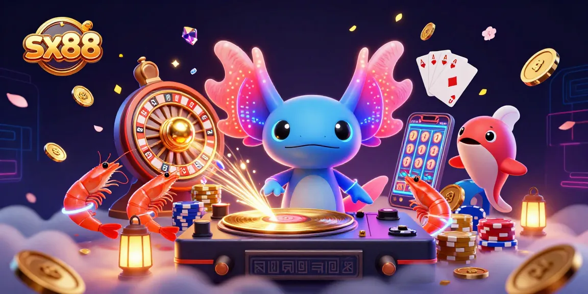 SX88's lively casino scene showcasing a neon axolotl DJ with vibrant gaming elements and glowing gems.