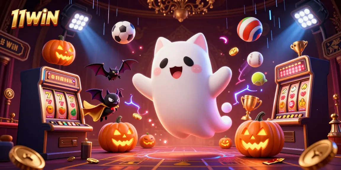 Engage in thrilling gameplay with 11WIN, featuring ghost cat and bat in a haunted casino.
