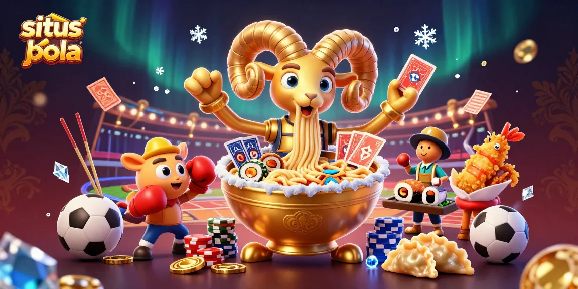 Engage with situs judi bola through a vibrant scene of a giant ramen bowl and sports betting elements.