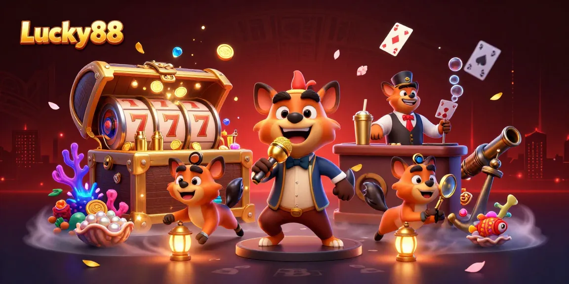 Immerse in Lucky88's vibrant comedy casino featuring lively hyenas and gaming elements.