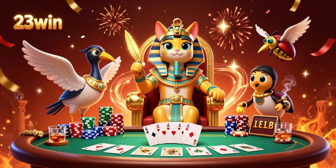 Engage with exciting gameplay at 23win, where the pharaoh cat reigns over a vibrant poker scene.