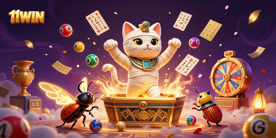 Engage with 11WIN’s vibrant gaming adventure featuring a mummy cat and golden elements in a pyramid casino.
